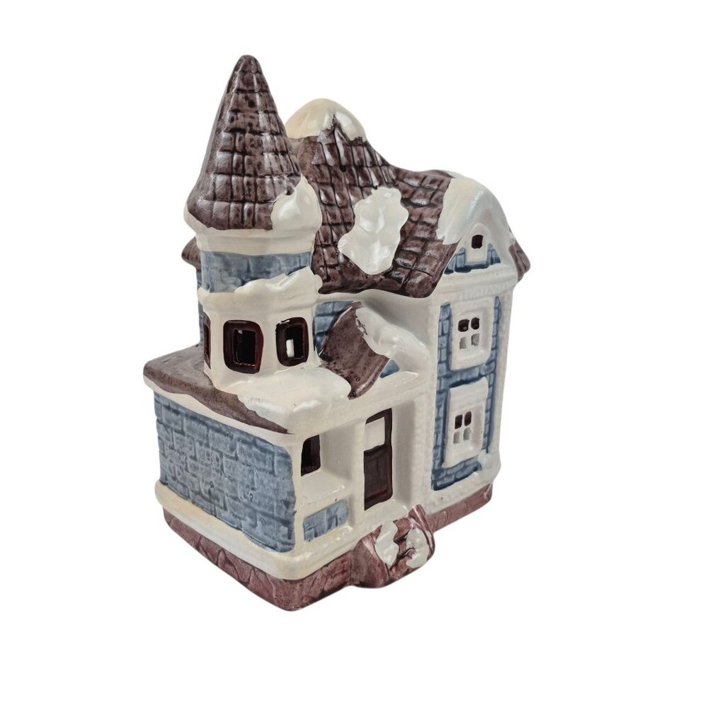 Lidco Ceramic Chirstmas House Glossy Blue Brown Snow Capped Lighted Vintage - Picture 3 of 10